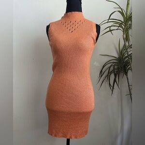 Orange metallic silver ribbed body con mock neck sleeveless summer dress small